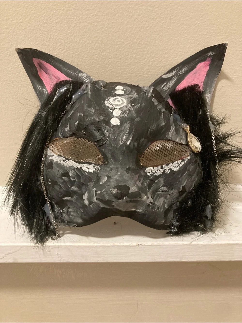 Handmade black cat therian mask with lined back